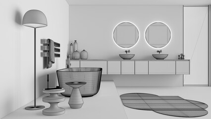 Unfinished project draft, showcase bathroom interior design, freestanding bathtub and wash basing. Round mirrors, faucets, modern carpet, floor lamp, tables. Minimalist project idea