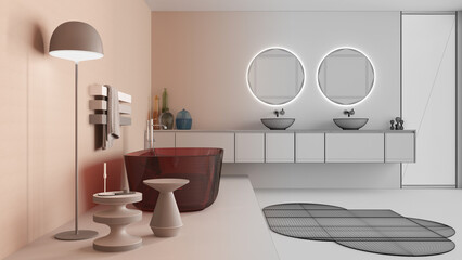 Architect interior designer concept: hand-drawn draft unfinished project that becomes real, bathroom, bathtub and wash basing. Mirrors, faucets, carpet, lamp, tables. Minimalist