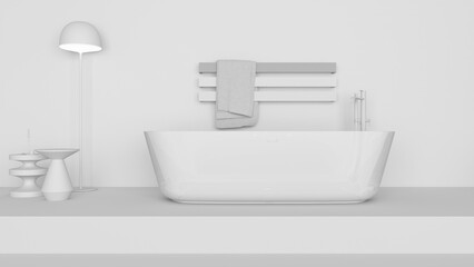 Obraz na płótnie Canvas Total white project draft, showcase bathroom interior design, glass freestanding bathtub. Floor lamp and side tables with candle, minimalist rack towel. Contemporary project concept