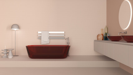 Naklejka na ściany i meble Showcase bathroom interior design in beige tones, glass freestanding bathtub and wash basing. Round mirrors, steel faucets, modern carpet, floor lamp and side tables. Minimalist project concept