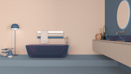 Fototapeta na wymiar Showcase bathroom interior design in blue and beige tones, glass freestanding bathtub and wash basing. Round mirrors, faucets, modern carpet, floor lamp, tables. Minimalist project