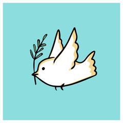 Bird of peace with an olive branch.
Sign of freedom. Dove flight outline illustration isolated on blue background. 