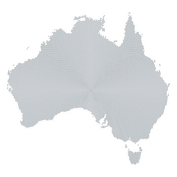 Australia map, radial dot pattern. Gray dots going from Tallaringa Conservation Park, South Australia, outwards, forming the silhouette of the country and continent. Isolated illustration, over white.