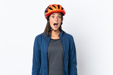 Young cyclist brazilian girl isolated on white  background with surprise facial expression