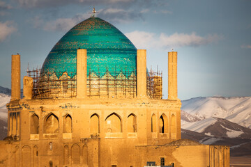 Soltaniyeh Mosque, Zanjan Province in Iran at the foot of the snowy mountains