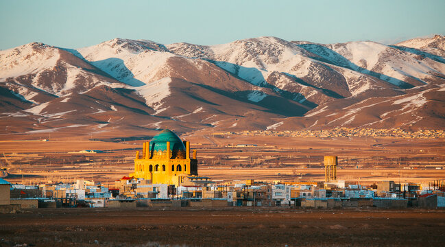 Soltaniyeh Mosque, Zanjan Province in Iran at the foot of the snowy mountains