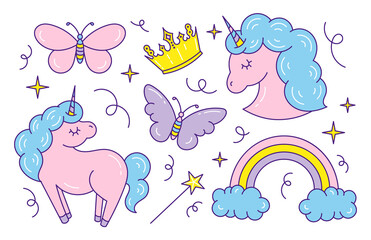 A set of children's illustrations, stickers with unicorns in the style of doodle, cartoon. Isolated on a white background. Horses.	