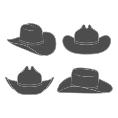 Set of black and white illustrations with cowboy hat. Isolated vector objects on a white background.