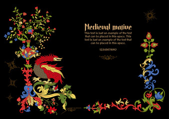 Floral and animal vintage Medieval illuminati manuscript inspiration. Romanesque style. Template for greeting card, banner, gift voucher, label. Vector illustration.