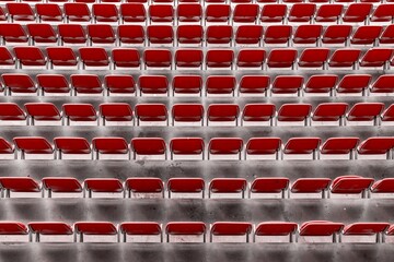 Rows of red seats on the stadium. Empty red plastic chairs at the stadium