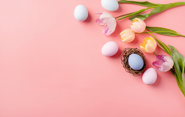 easter holiday background with decorations on pink backdrop