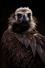 Brown vulture portrait with black background.