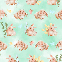 Watercolor seamless pattern with bunnies and leaves on green background for Easter design