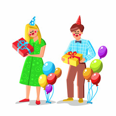Celebrating Birthday Young Man And Woman Vector. Boy And Girl Holding Gift Boxes, Standing Near Air Balloons Decoration, Celebrating Birthday Together. Characters Celebration Flat Cartoon Illustration