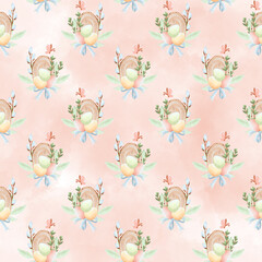 Watercolor seamless pattern with eggs, leaves, branches in pastel color on pink background