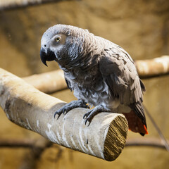 Great Jaco on a branch in an indoor aviary.