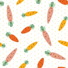 Fun carrots with polka dot seamless vector pattern. Kawaii Easter illustration. Cute hand drawn spring holiday background for packaging, print, wrapping paper, gift, fabric, wallpaper, textile, card.