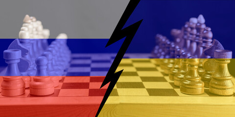 The flags of Russia and Ukraine are painted over on a chessboard with chess pieces with a crack between them.The concept of political conflict and war.Peace war crisis,diplomatic relations.Banner