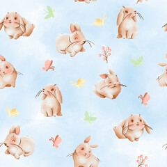 Watercolor seamless pattern with bunnies and batterflies on blue background in pastel colors