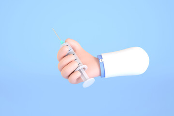 Gloved hand of doctor holding syringe with liquid vaccine. Healthcare concept