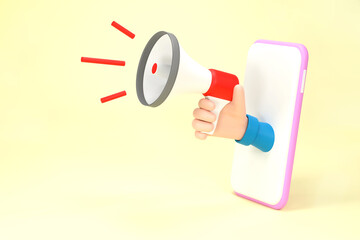 Hand holding megaphone coming out from mobile phone. Digital marketing