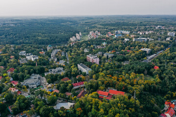 Panoramic aerial view of the city of Svetlogorsk, Kaliningrad region, green treetops, residential buildings.