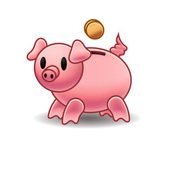 Vector piggy bank and a gold coin. Pink pig on white background.