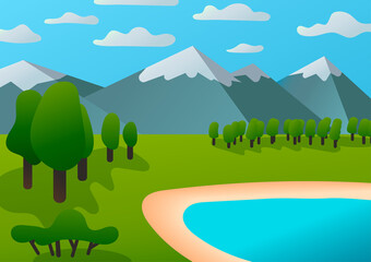 Vector flat landscape with lake, trees and mountains