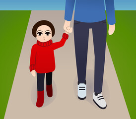 Child and his parent walk on the road. Vector flat illustration with gradients. People go.