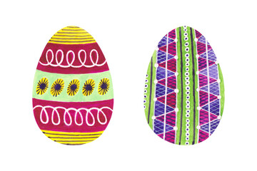 Watercolor colorful ornate Easter eggs with patterns. Hand painted illustration of spring clipart isolated on white. Artistic hand drawn holiday design elements for happy Easter cards decoration