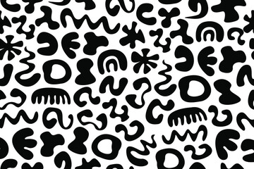 Seamless pattern with abstract shapes. Liquids, waves, flat shapes and fluids on white background. Abstract boho pattern with chaotic shapes and forms,