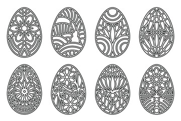 Easter eggs decorative design elements. Black thin line art outline ornate eggs isolated on white background. Easter egg design decorated with floral elements. Vector Easter illustration set.