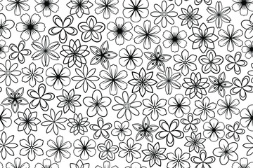 Floral seamless black and white. Flowers and leaves. Repeating monochrome background. Summer and spring print. Blooming line art flowers and flowering herbs with black lines on white background.
