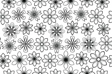 Floral seamless black and white. Flowers and leaves. Repeating monochrome background. Summer and spring print. Blooming line art flowers and flowering herbs with black lines on white background.