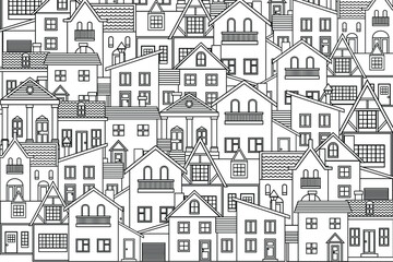 Fototapeta premium Outline houses background pattern illustration. Black outline, line art houses, city illustration wallpaper.