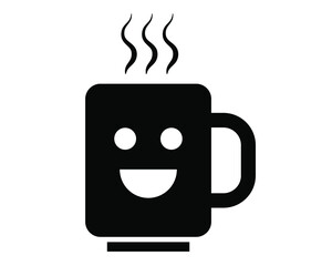 Smiling mug flat vector icon. Coffee, tea hot mug with smile and steam waves on it. 