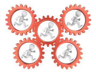 Business people are running inside the big red gears.