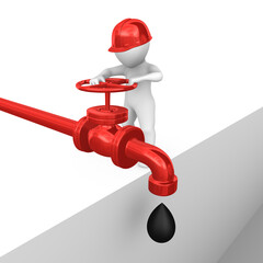 3d white worker opens a valve on an oil pipe