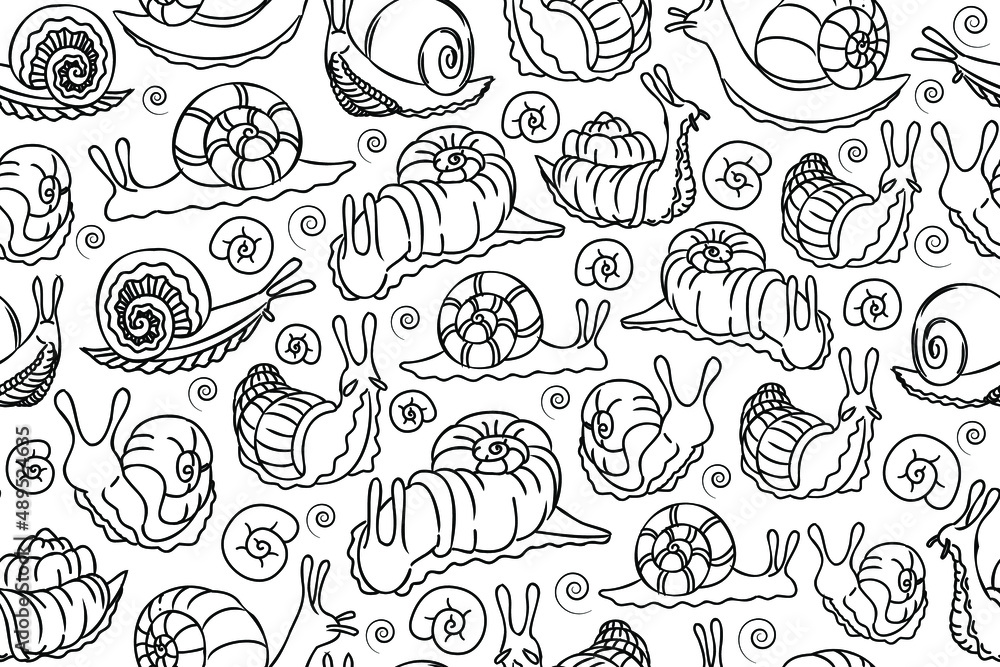 Poster cartoon snails outline pattern. black line art snails and swirls repeating seamless pattern. good fo