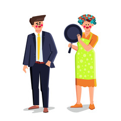 Career Discrimination Gender Man And Woman Vector. Businessman With Success Job And Housewife With Pan Kitchen Utensil, Discrimination Gender. Characters Social Problem Flat Cartoon Illustration