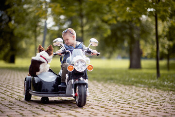 preschooler driving electrical motorcycle toy with sidecar and his dog in it - obrazy, fototapety, plakaty