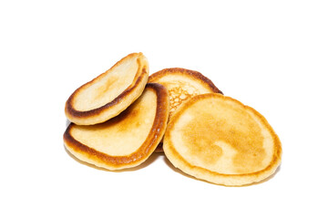 Stack of tasty pancakes on white background