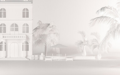 City street store, catering service, beach store front building facades with table and chairs, coconut tree. Exterior of outdoor cafe with white color. 3D render for creative social media, studio.
