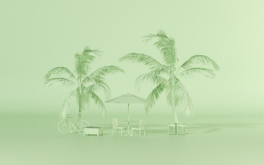 Benches and table and chairs, coconut tree. Exterior of outdoor cafe in monochrome green color background, 3D render for creative social media, studio, travel.
