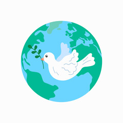 Dove of Peace and Earth planet. Pigeon with olive branch as symbol of World peace. Vector flat illustration