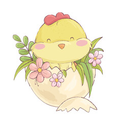 A cute little chick sits in an egg with flowers and smiles. Happy easter. Vector illustration.