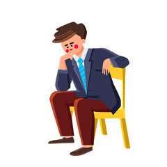 Philosophy Question Thinking Businessman Vector. Young Man Philosopher Sitting On Chair And Think Philosophy And Searching Problem Solution. Character Entrepreneur Flat Cartoon Illustration