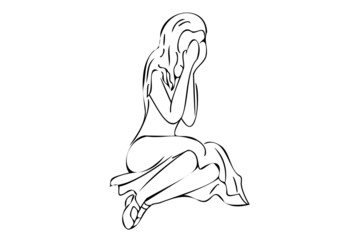 Crying girl, outline illustration. Sad girl sitting on the floor with skirt, holding her head with hands. Simple line art illustration.