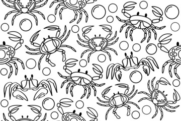 Crabs black and white seamless pattern. Crabs and air bubbles in a water with thin black lines. Outline crab seamless pattern.