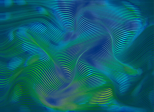 Vector warped lines background. Modern abstract creative backdrop with multicolor variable width stripes. Twisted stripes optical illusion. Moire waves